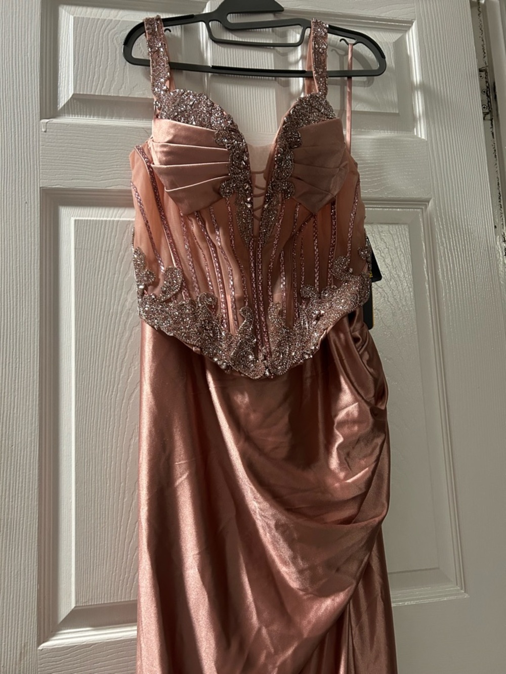 Off-Shoulder Satin Evening Gown in Dusty Rose